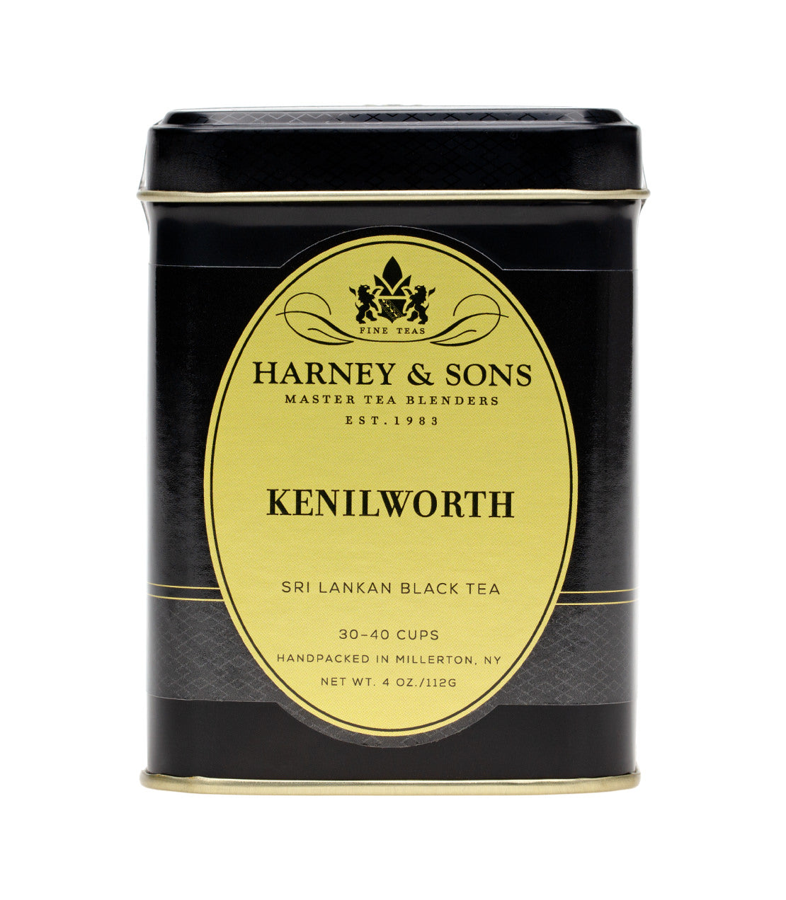 Black tea tin labeled "Kenilworth" from Harney & Sons, featuring elegant design and details about Sri Lankan black tea.