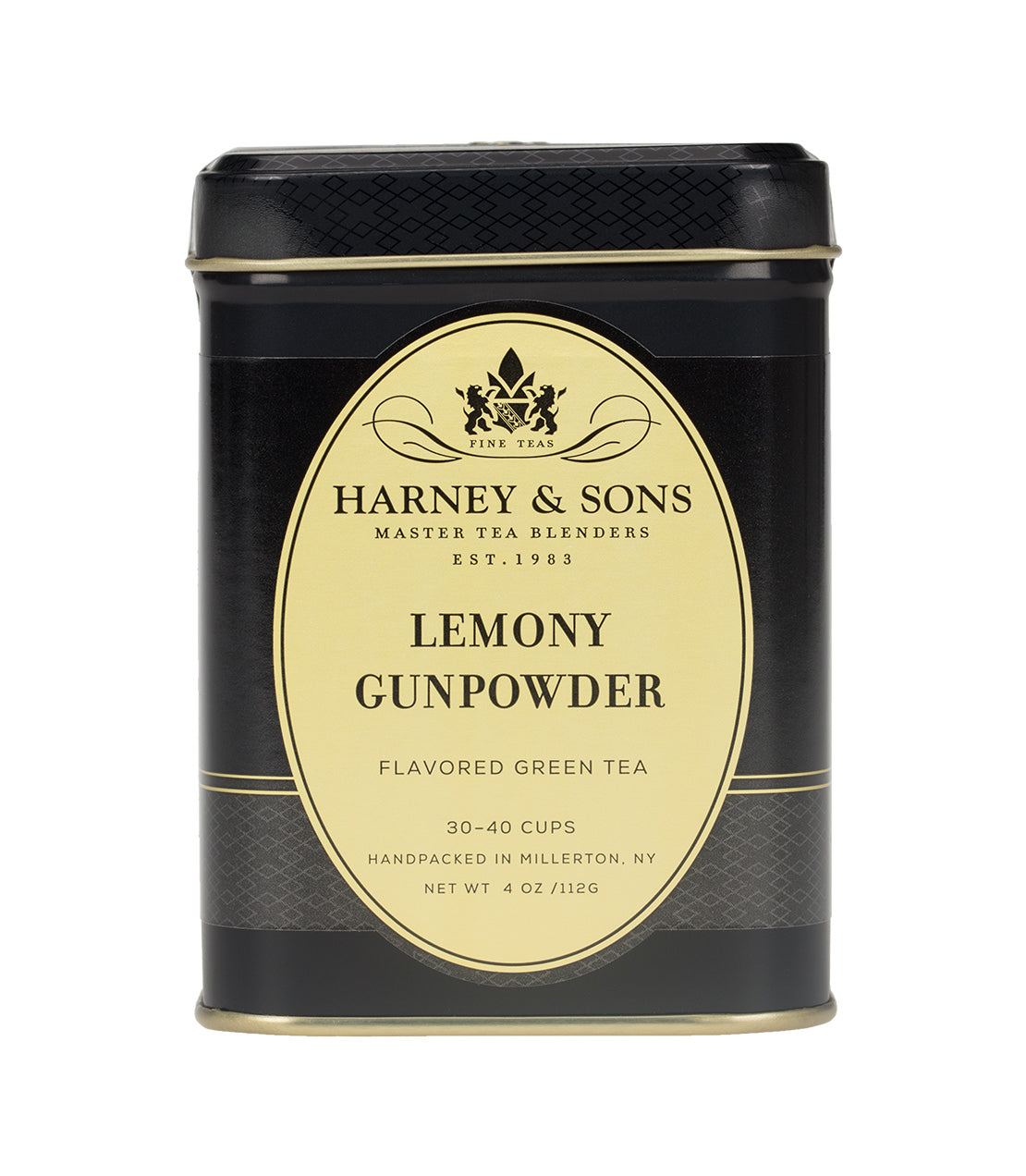 Harney & Sons Lemony Gunpowder tea tin, 4 oz, featuring a black and gold design, labeled as flavored green tea.