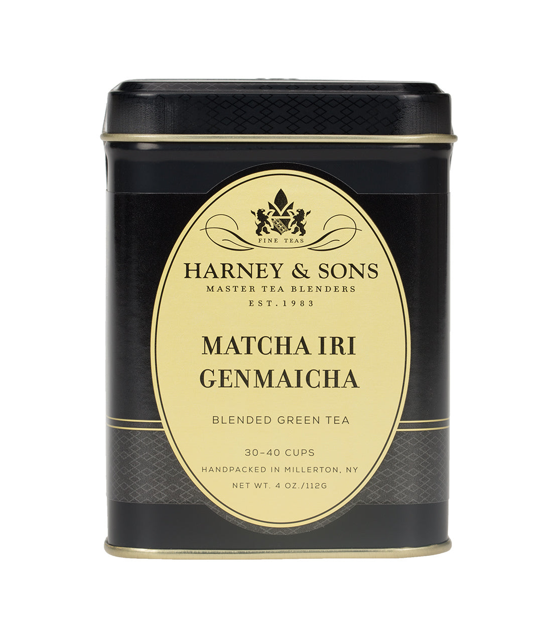 Black tin of Harney & Sons Matcha Iri Genmaicha tea, labeled as blended green tea, 4 oz, 30-40 cups.