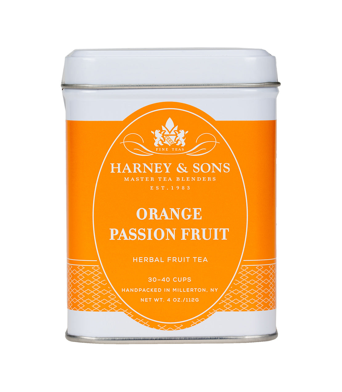 Orange Passion Fruit Tea tin by Harney & Sons, featuring vibrant orange design and herbal tea details.