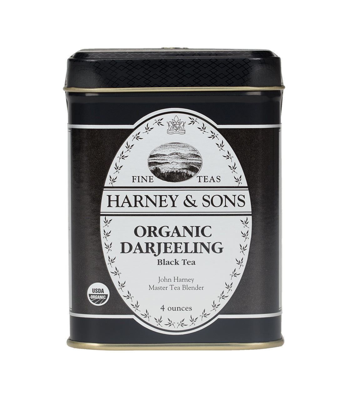 Black tin of Harney & Sons Organic Darjeeling tea, 4 ounces, featuring elegant design and USDA Organic label.