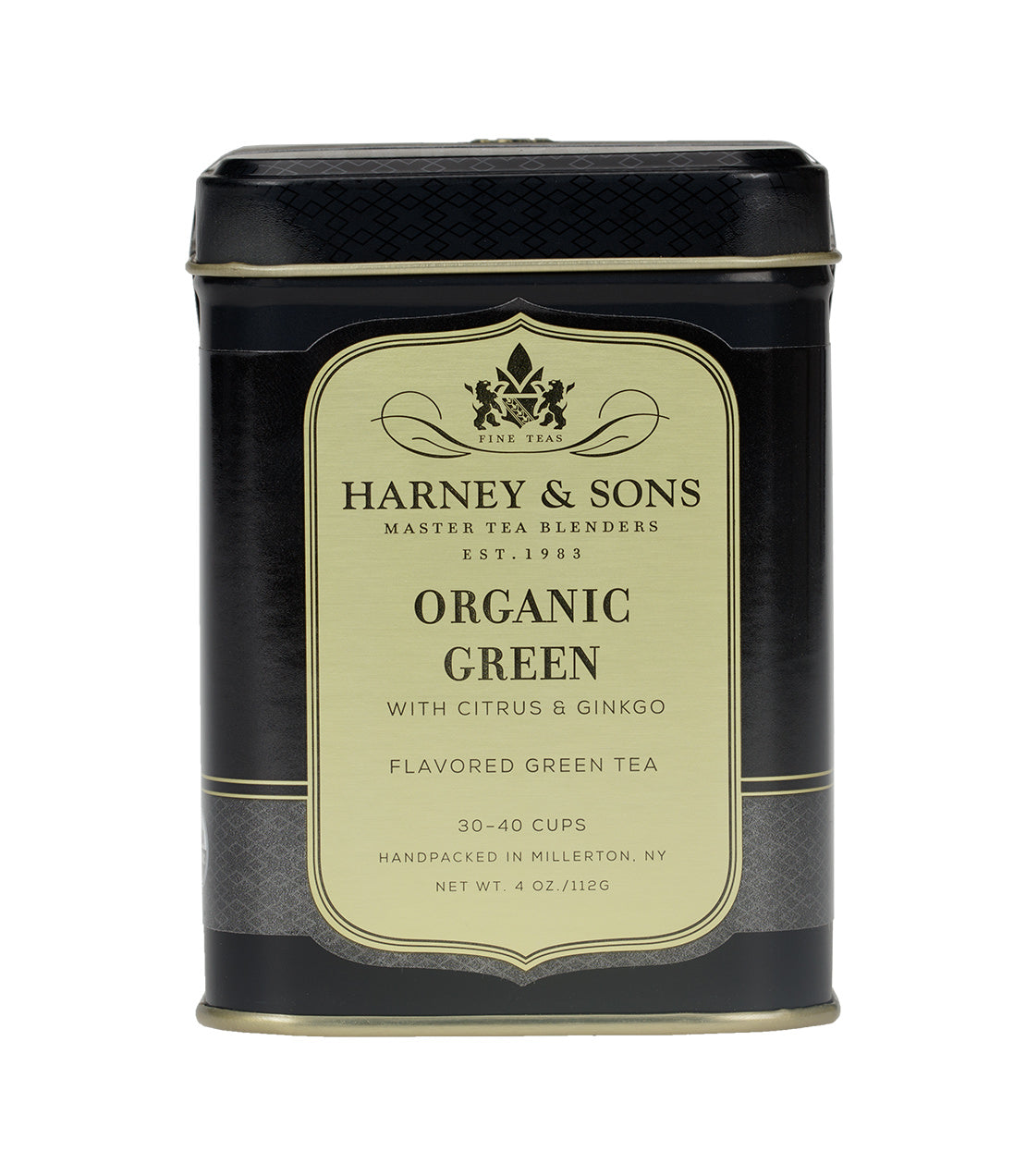 Harney & Sons Organic Green tea tin with citrus and ginkgo, 4 oz, handpacked in Millerton, NY.