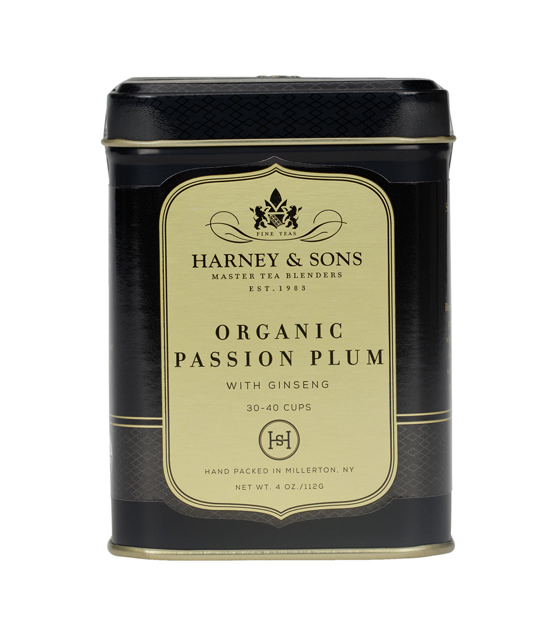 Harney & Sons Organic Passion Plum tea tin, 4 oz, featuring ginseng, with a black and gold design.