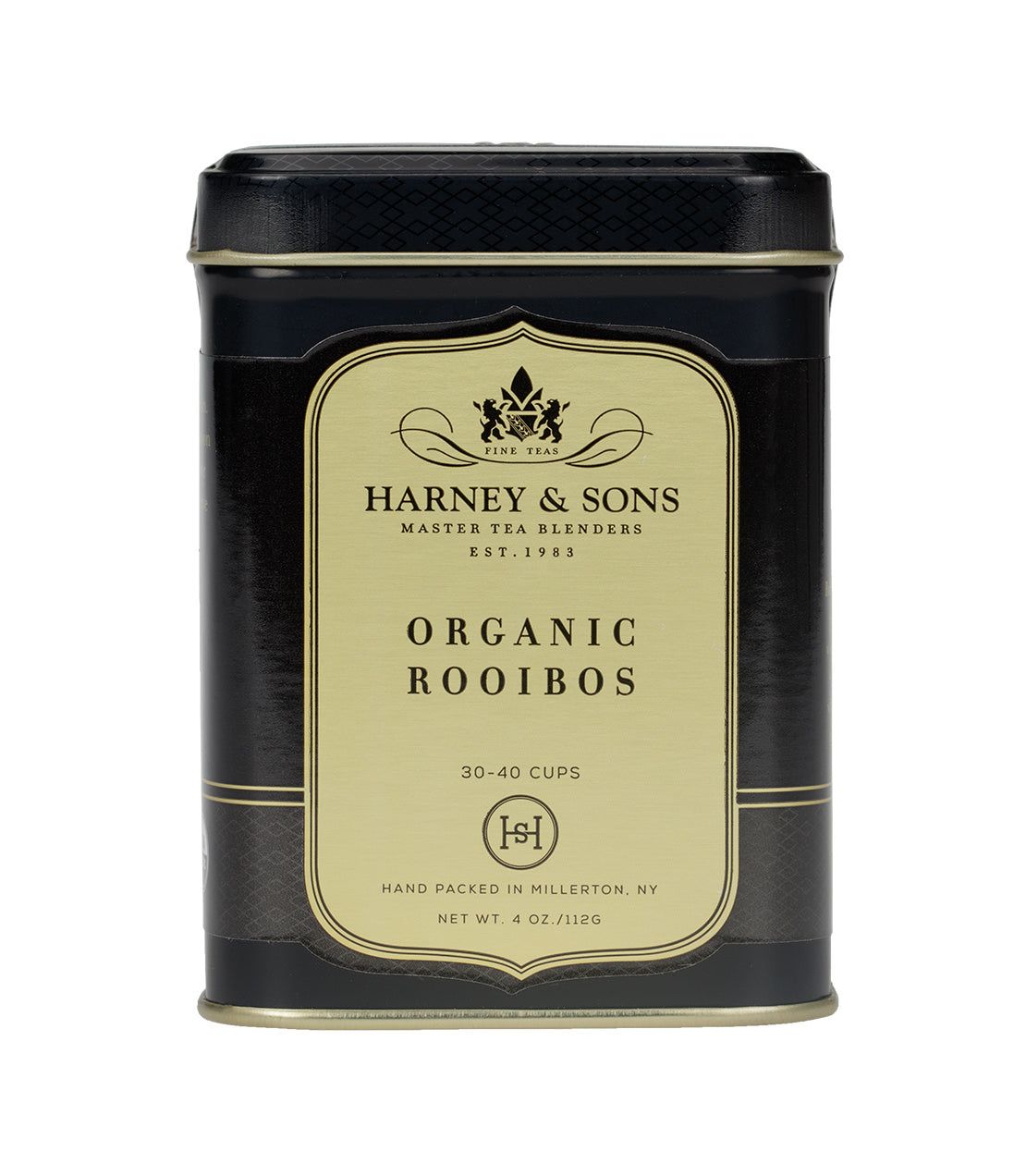 Black tin of Harney & Sons Organic Rooibos tea, labeled for 30-40 cups, hand packed in Millerton, NY.