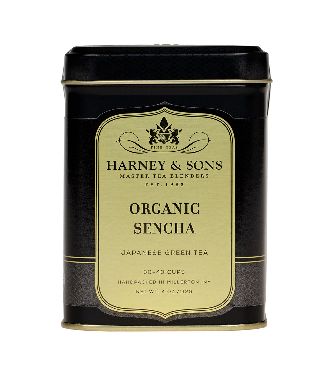 Black tin of Harney & Sons Organic Sencha Japanese green tea, 4 oz, with elegant label design.