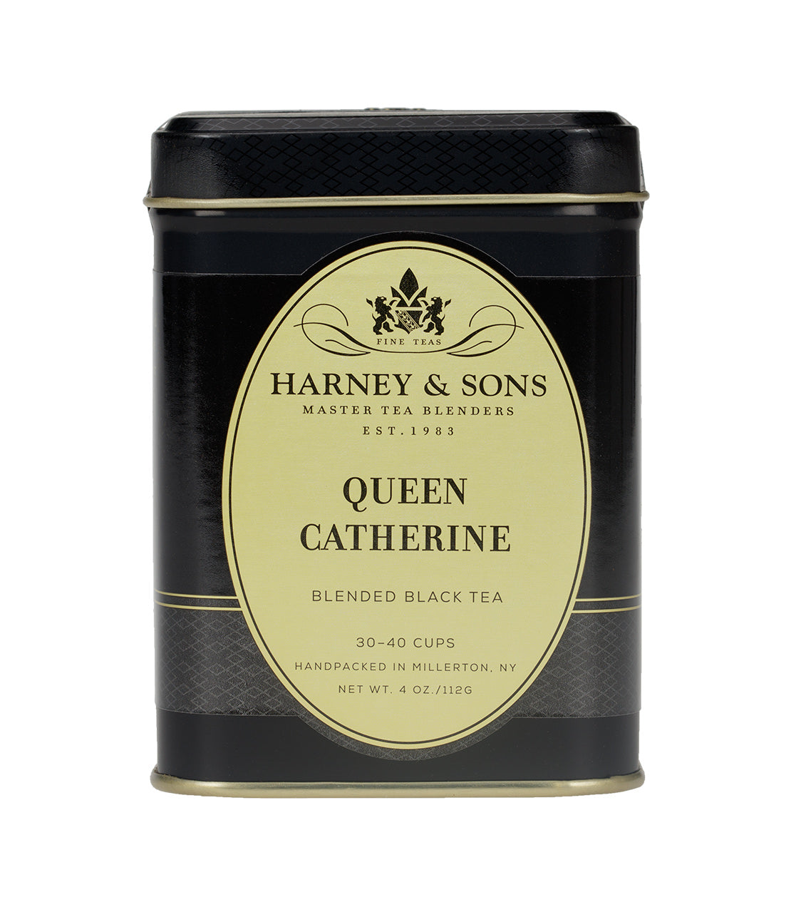 Harney & Sons Queen Catherine blended black tea tin, 4 oz, designed for 30-40 cups, elegant black packaging.