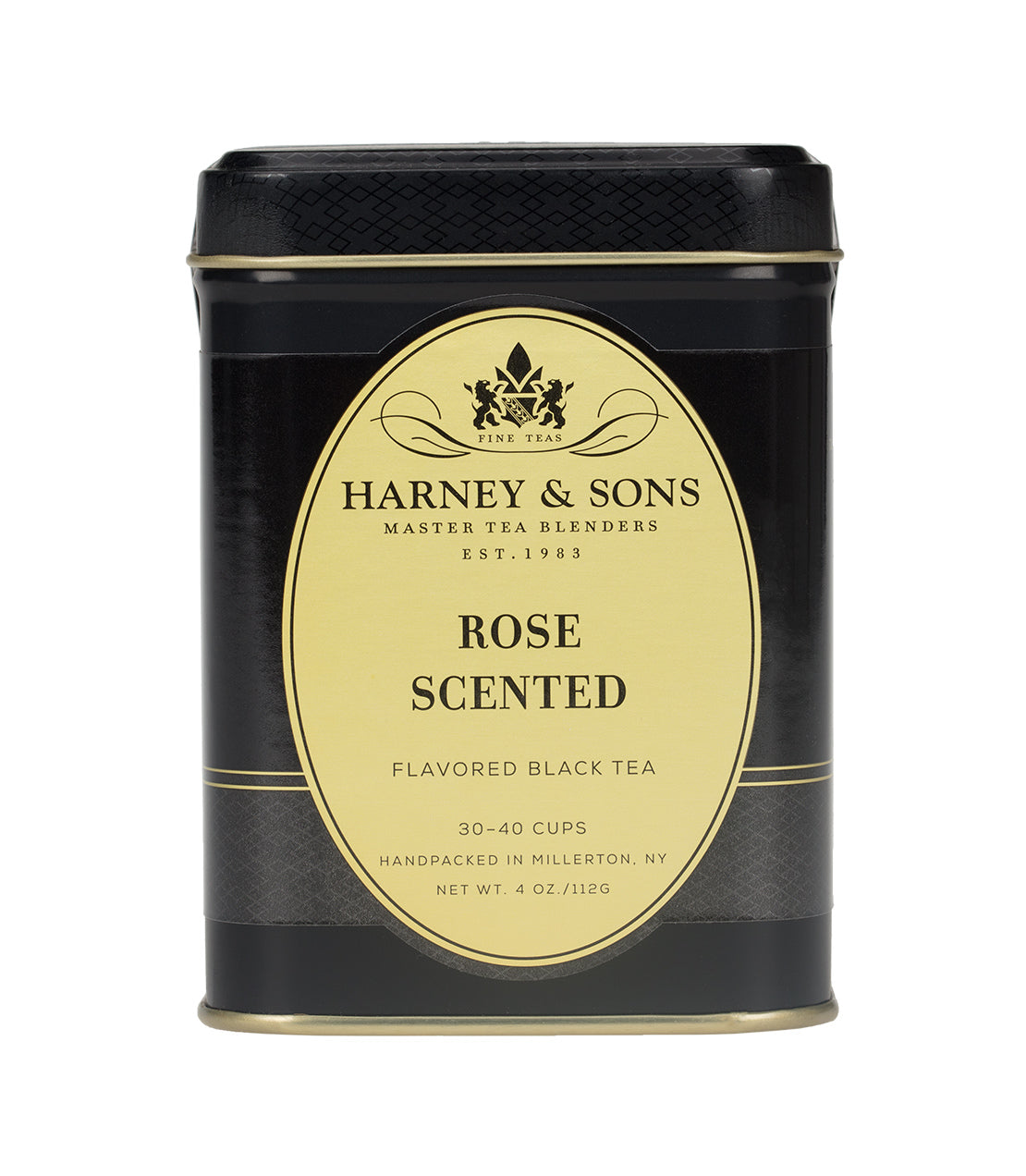 Black tea tin labeled "Rose Scented" by Harney & Sons, featuring elegant design and details on servings.