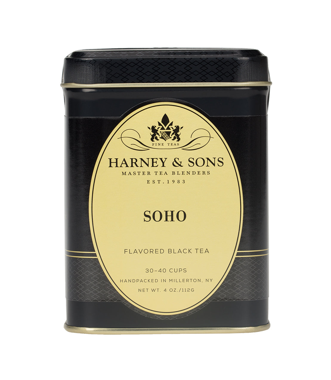 Harney & Sons SoHo Blend flavored black tea tin, 4 oz, designed for 30-40 cups, elegant black packaging.