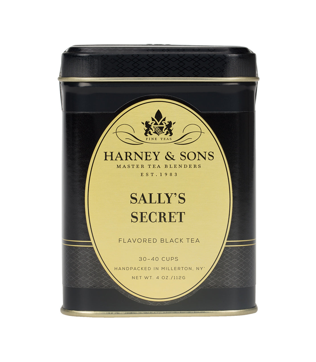 Black tea tin labeled "Sally's Secret" by Harney & Sons, featuring elegant design and gold accents.