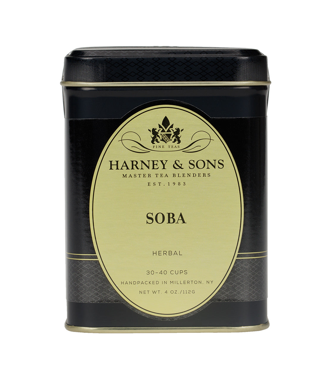 Black tin of Harney & Sons Soba Roasted Buckwheat tea, 4 oz, labeled for 30-40 cups, herbal blend.