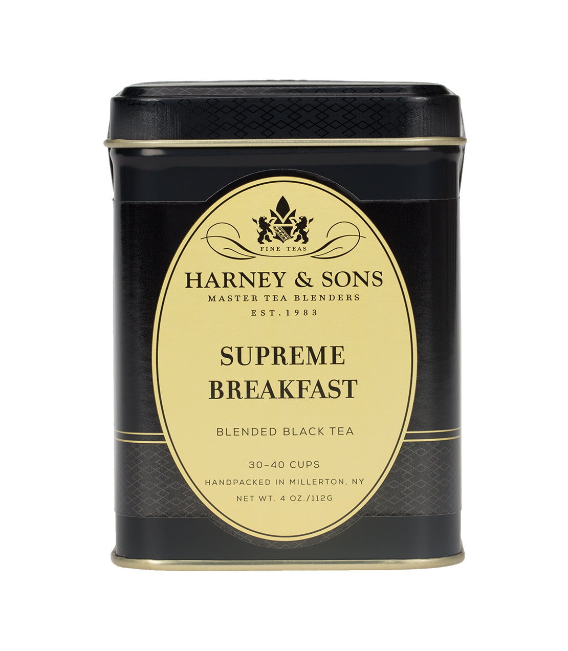 Harney & Sons Supreme Breakfast black tea tin, 4 oz, designed for 30-40 cups, featuring elegant packaging.