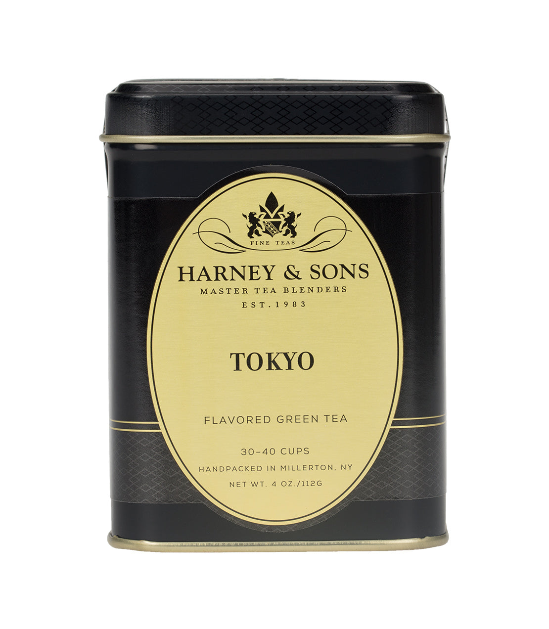 Black tin container of Harney & Sons Tokyo flavored green tea, 4 oz, with elegant gold label design.