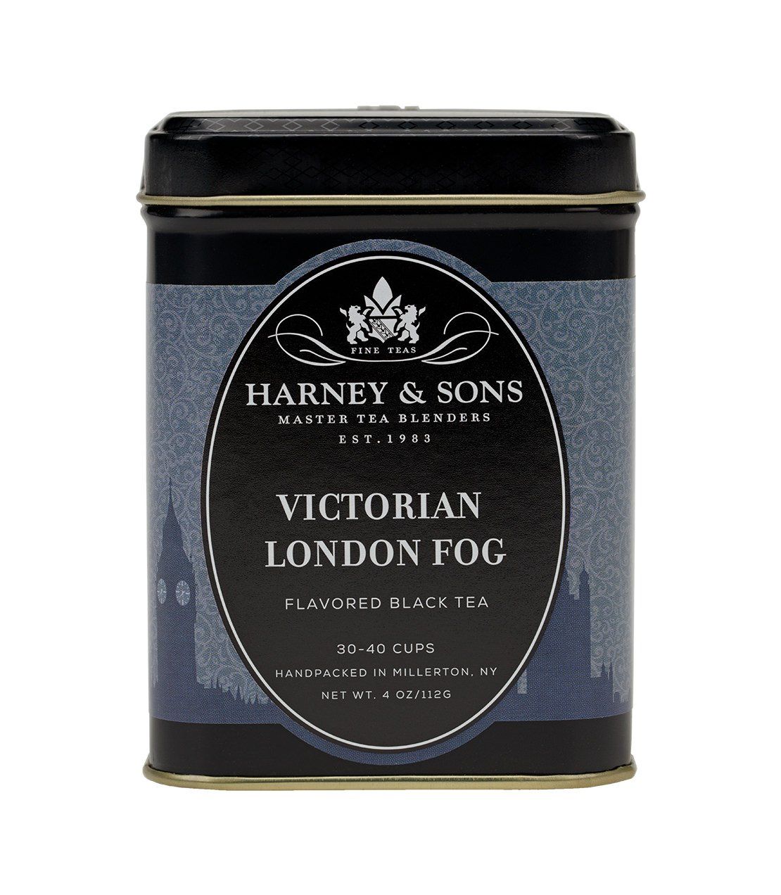 Harney & Sons Victorian London Fog tea tin, 4 oz, featuring a black and blue design with elegant cityscape graphics.