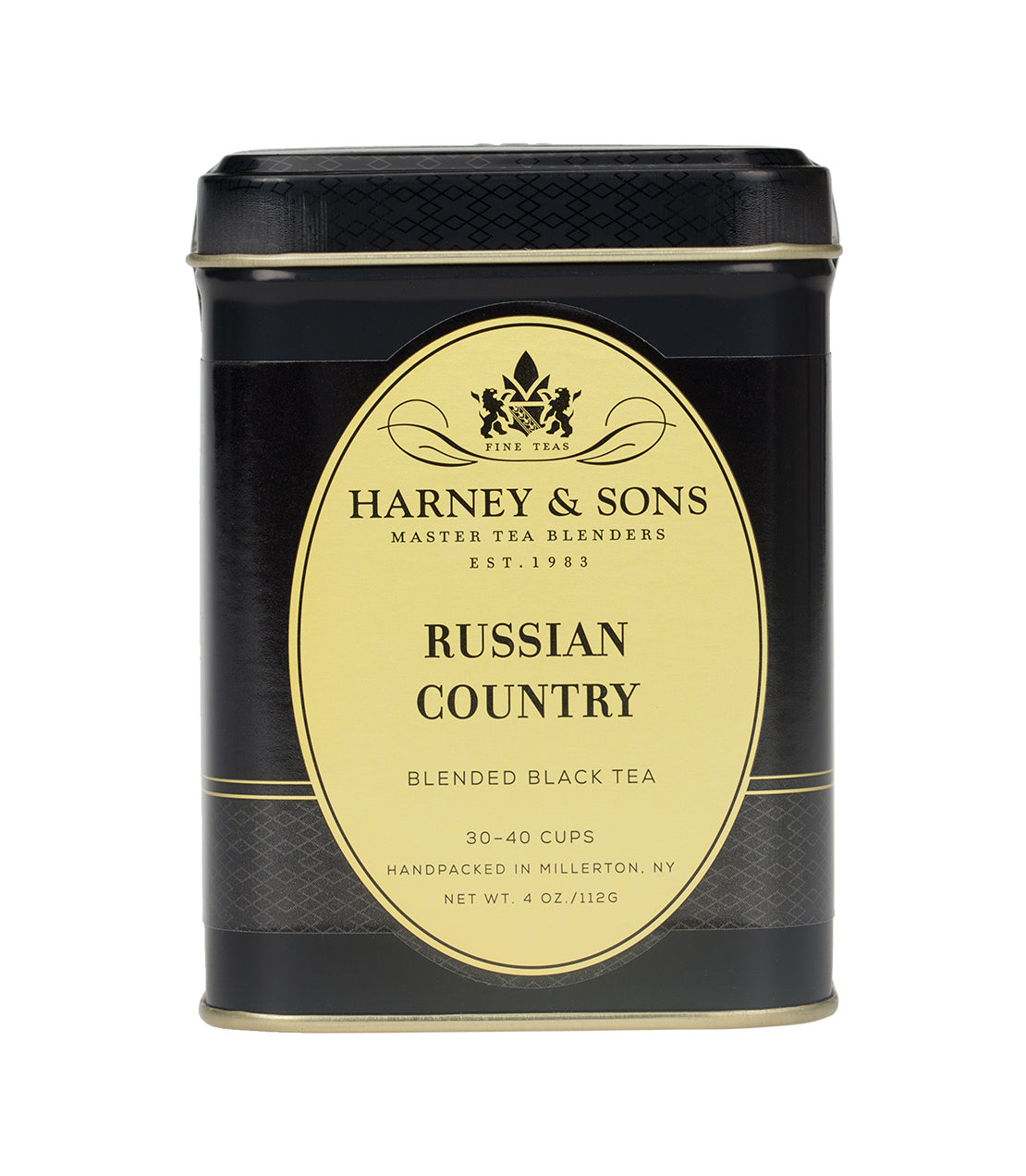 Black tea tin labeled "Russian Country" by Harney & Sons, containing 4 oz of blended black tea for 30-40 cups.
