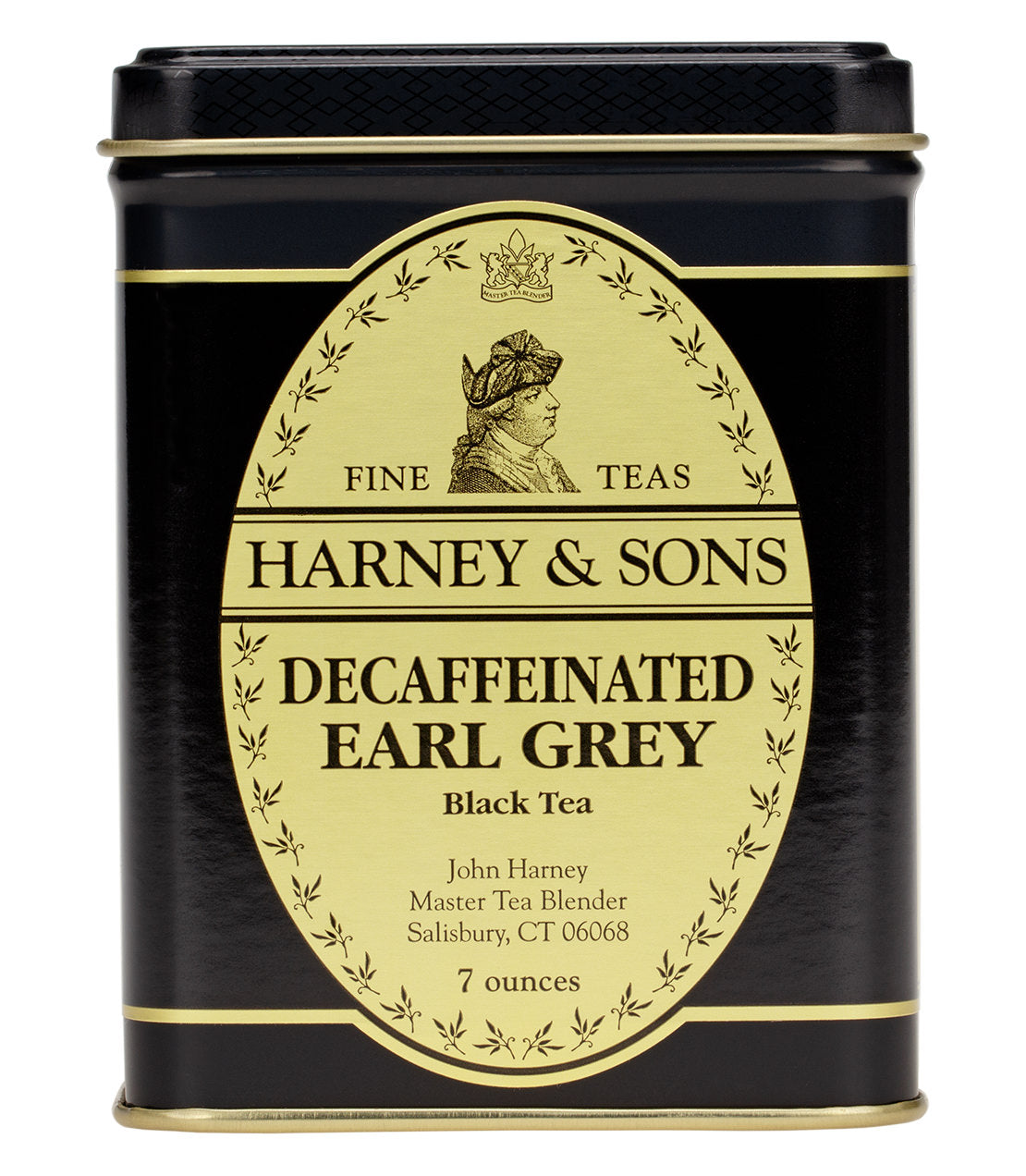 Harney & Sons Decaffeinated Earl Grey tea tin, 7 ounces, featuring a classic black and gold design.