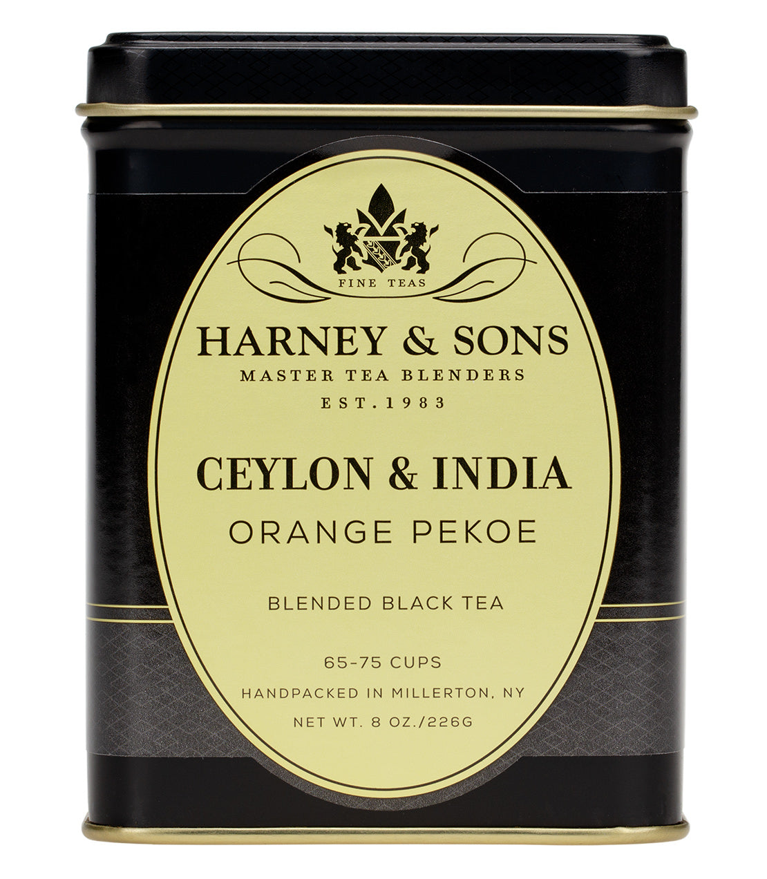 Black tea tin labeled "Ceylon & India Orange Pekoe" by Harney & Sons, featuring elegant design and details.