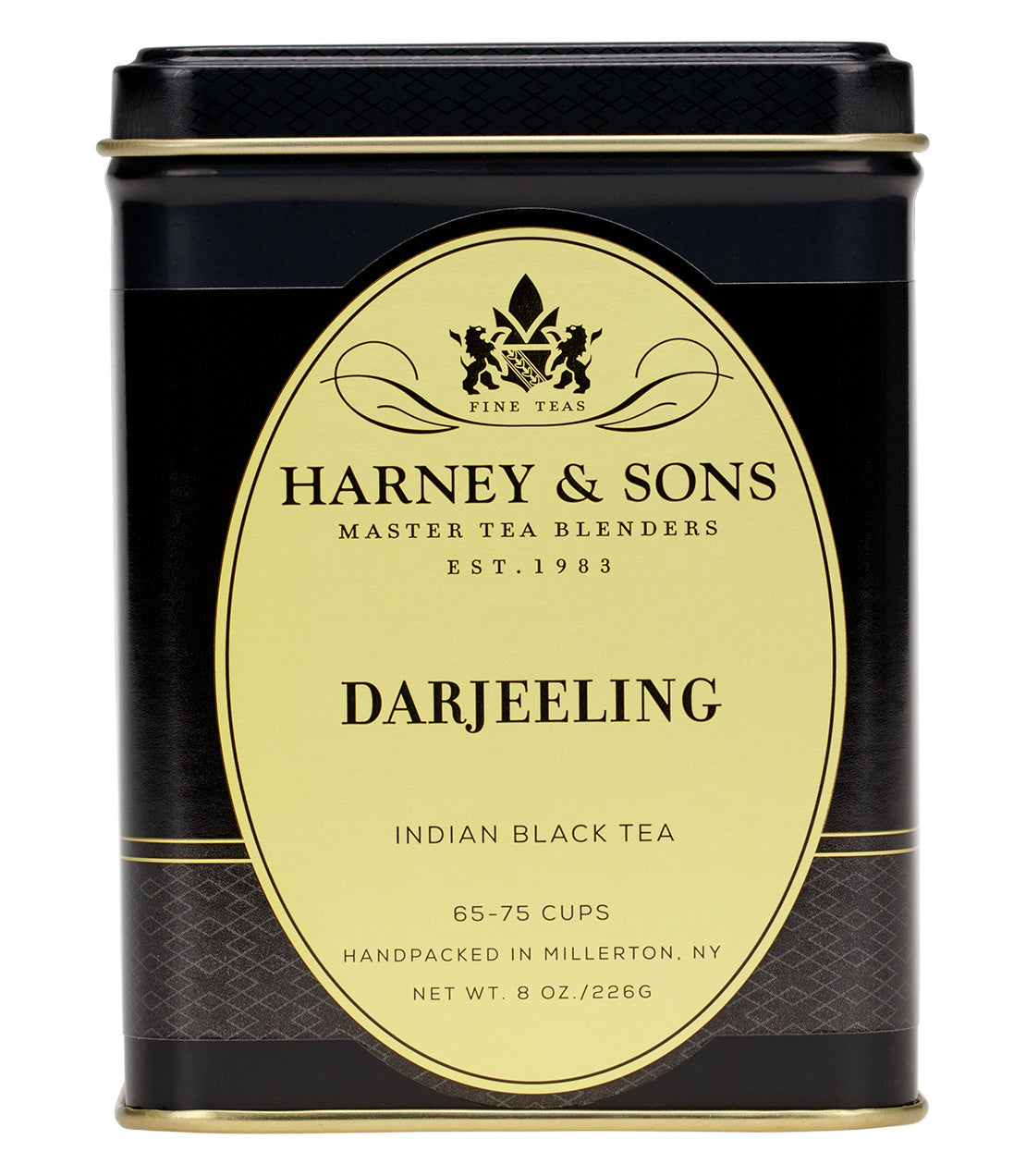 Black tea tin of Darjeeling by Harney & Sons, featuring elegant packaging and details about servings and origin.