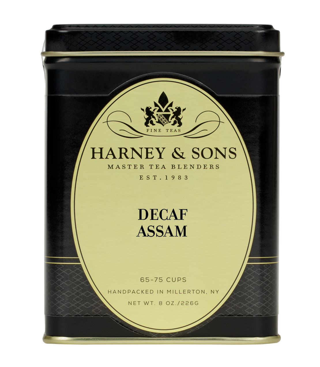 Harney & Sons Decaf Assam tea tin, 8 oz, labeled for 65-75 cups, featuring elegant black and gold design.