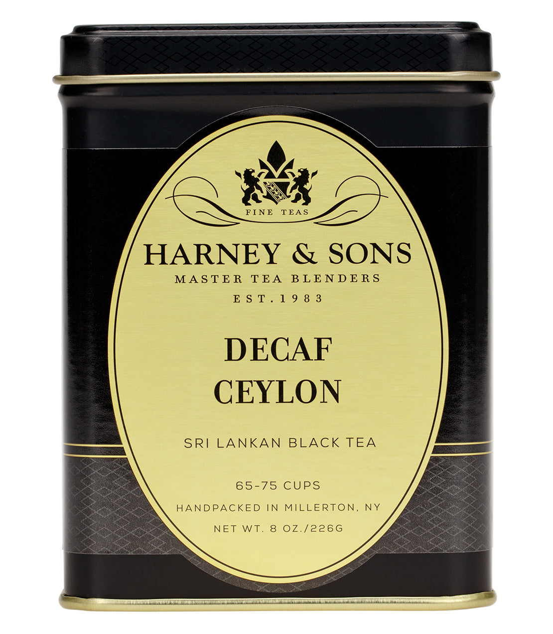 Harney & Sons Decaf Ceylon tea tin, 8 oz, featuring elegant black and gold design, labeled for 65-75 cups.