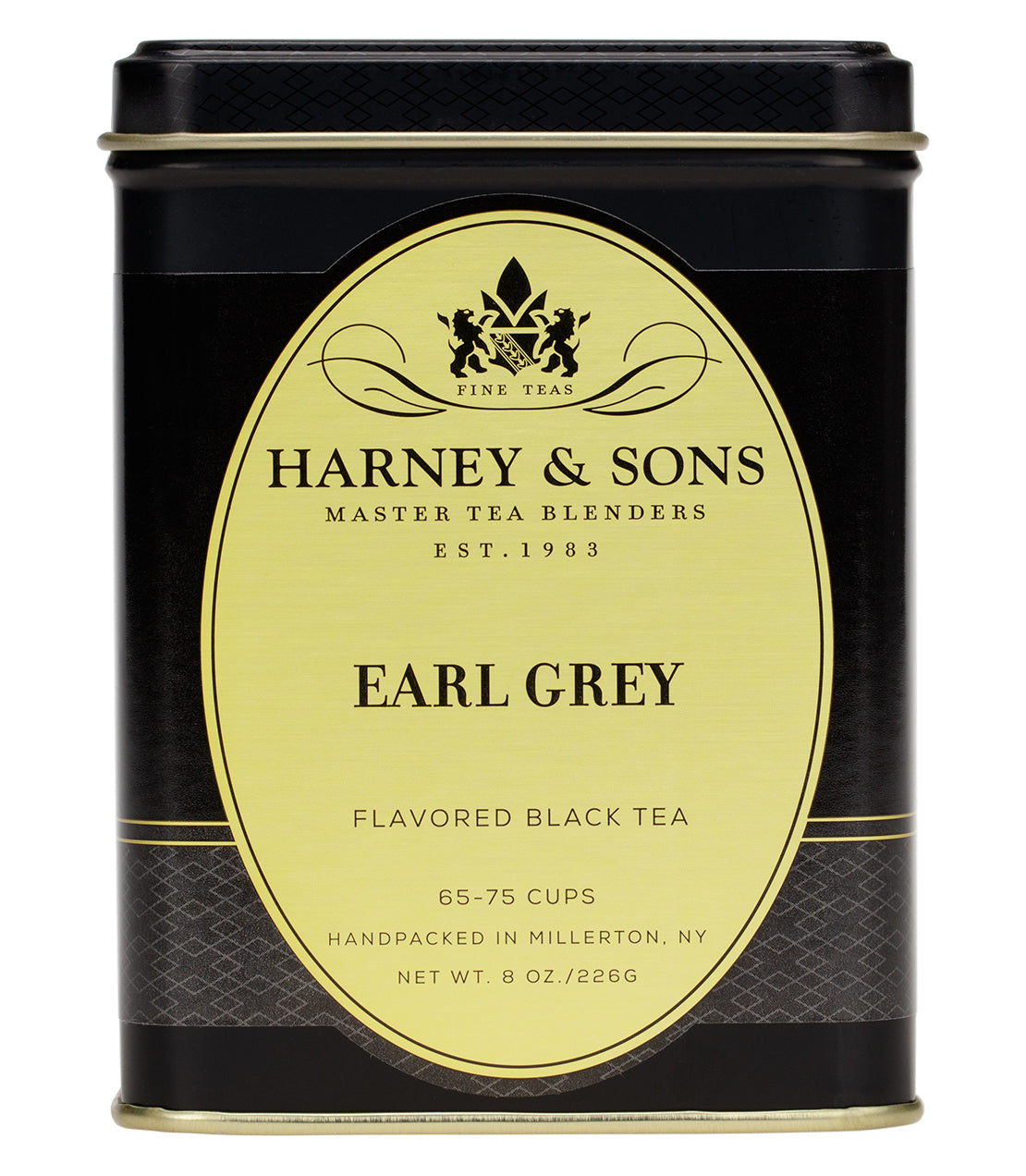 Black tea tin of Earl Grey by Harney & Sons, featuring a decorative label and information on servings.