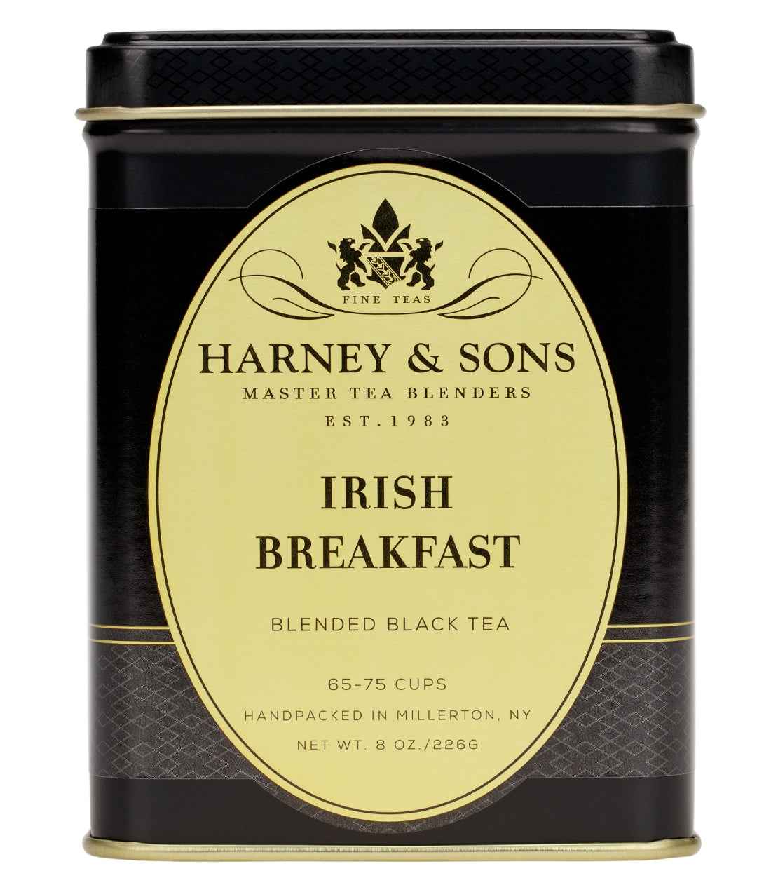 Harney & Sons Irish Breakfast loose tea tin, 8 oz, featuring a black and gold design, ideal for 65-75 cups.