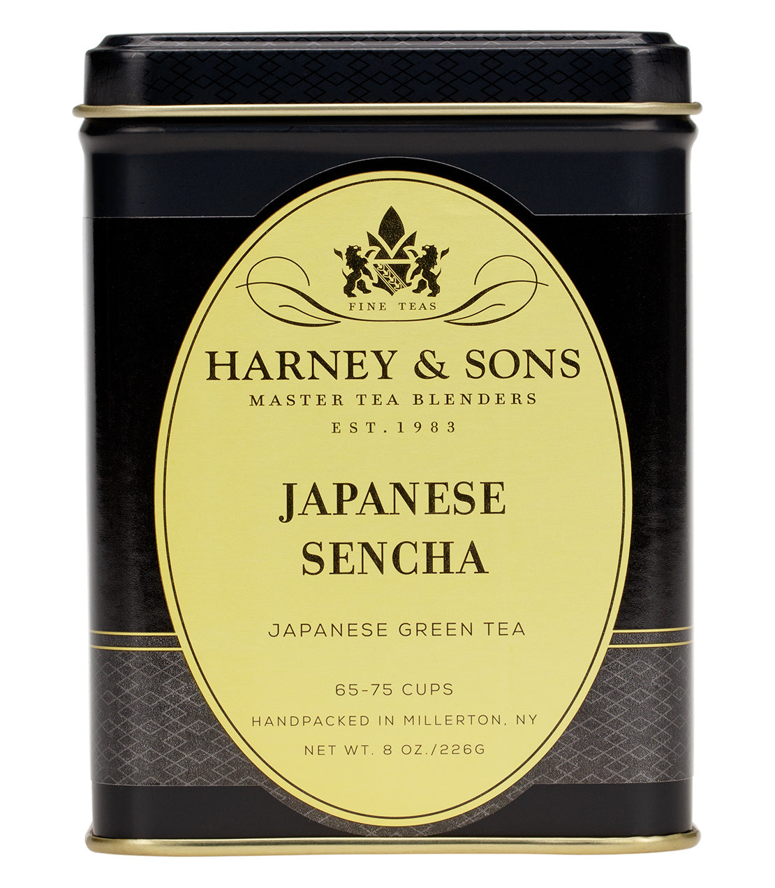 Black tin container of Harney & Sons Japanese Sencha green tea, labeled for 65-75 cups, 8 oz. size.