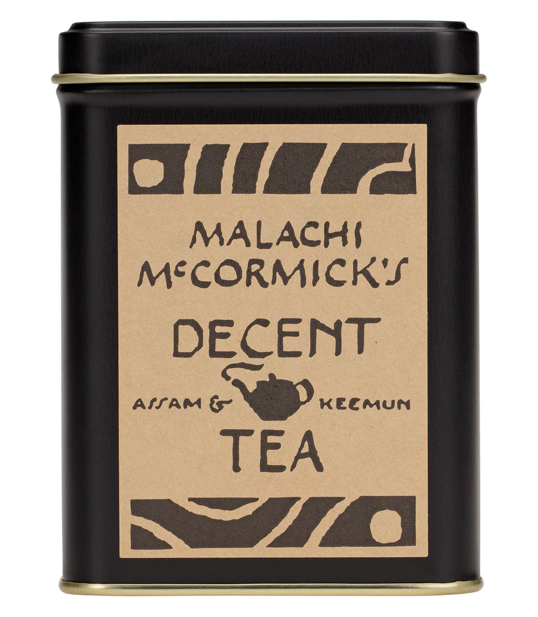 Black tea tin featuring "Malachi McCormick's Decent Tea" label with a teapot graphic and decorative design.