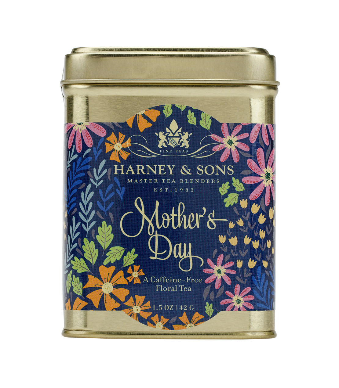 Harney & Sons Mother's Day floral tea tin, featuring vibrant flowers and a gold lid, 1.5 oz caffeine-free blend.