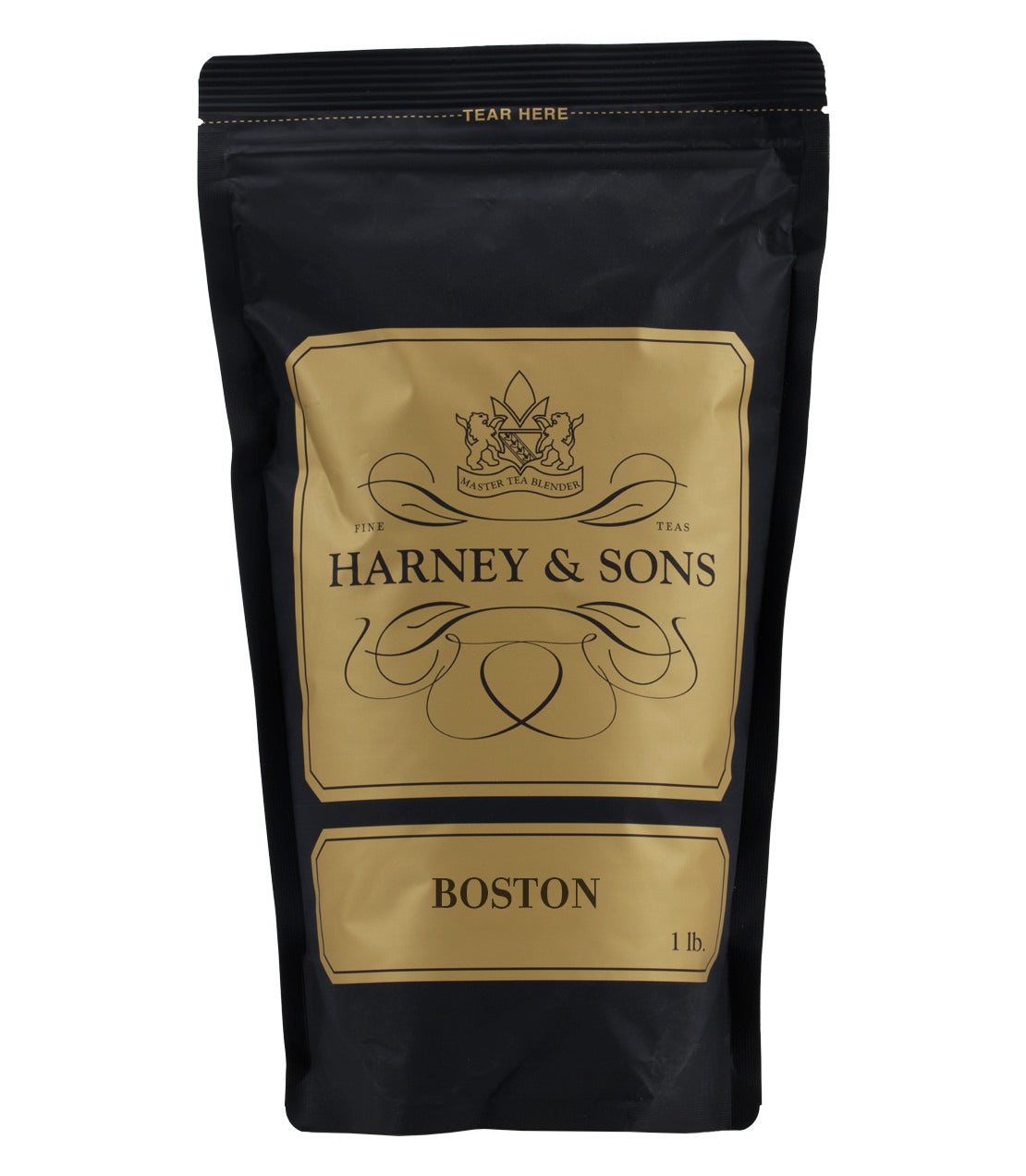 Black tea packaging from Harney & Sons labeled "Boston," featuring a gold and black design, 1 lb size.