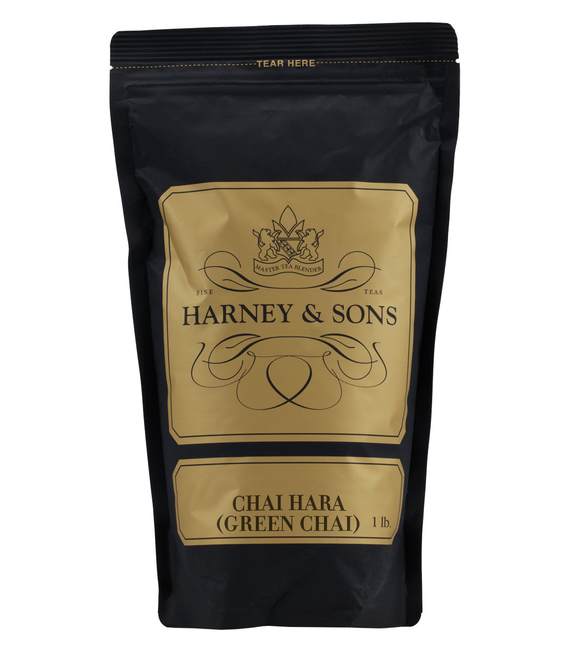 Black packaging of Harney & Sons Chai Hara (Green Chai) tea, featuring gold accents and a tear-off top.