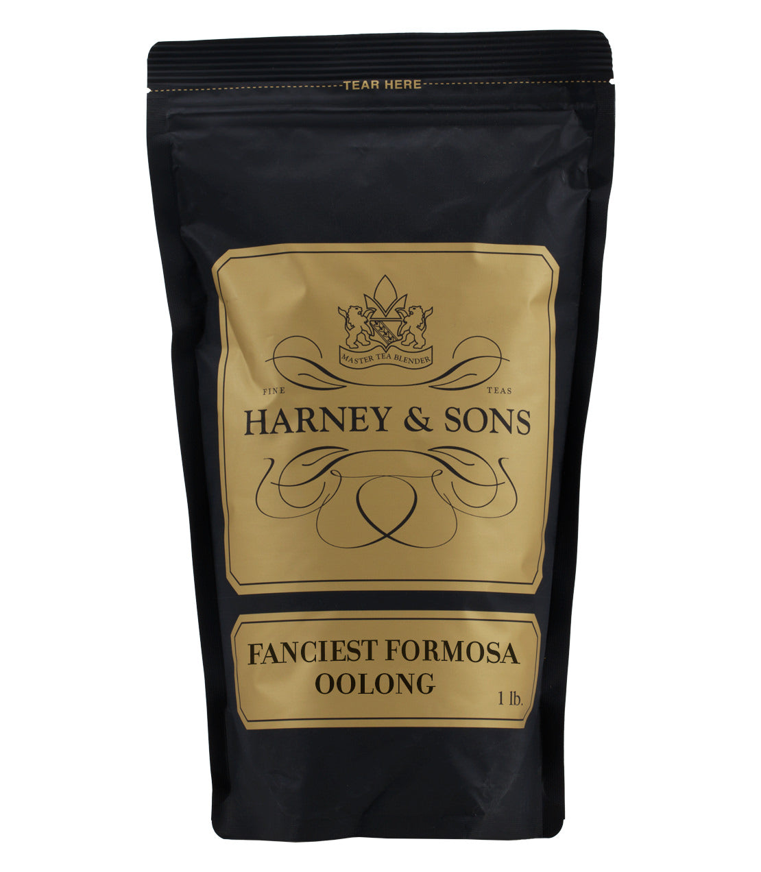 Black tea bag featuring "Fanciest Formosa Oolong" label by Harney & Sons, 1 lb size, elegant design.
