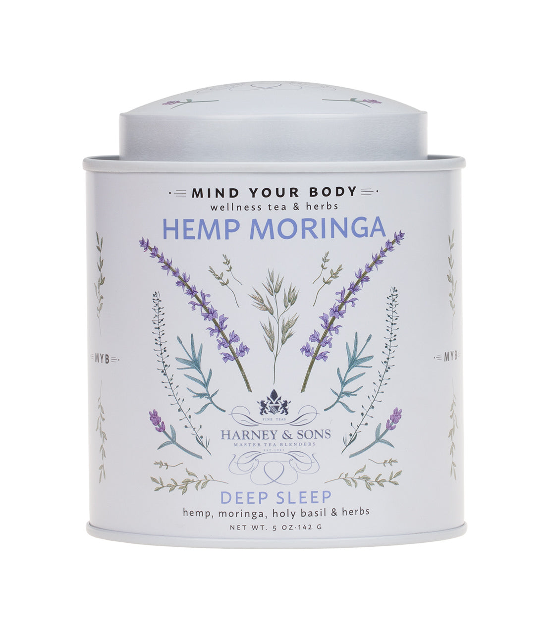 White tin of Hemp Moringa Deep Sleep Wellness Blend featuring herbal illustrations, designed for relaxation and sleep support.