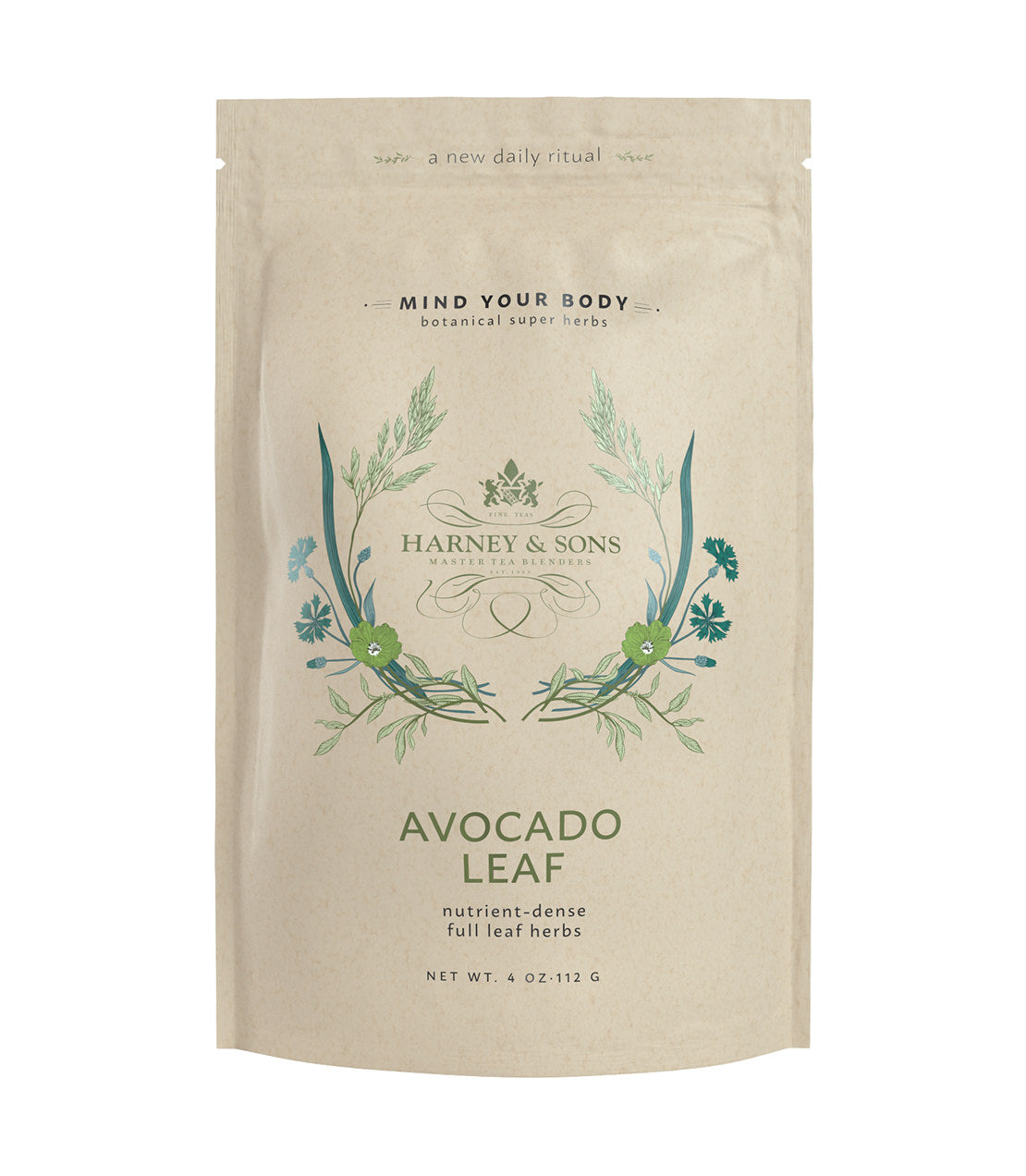 Harney & Sons Avocado Leaf packaging, featuring botanical illustrations and details about nutrient-dense herbs.