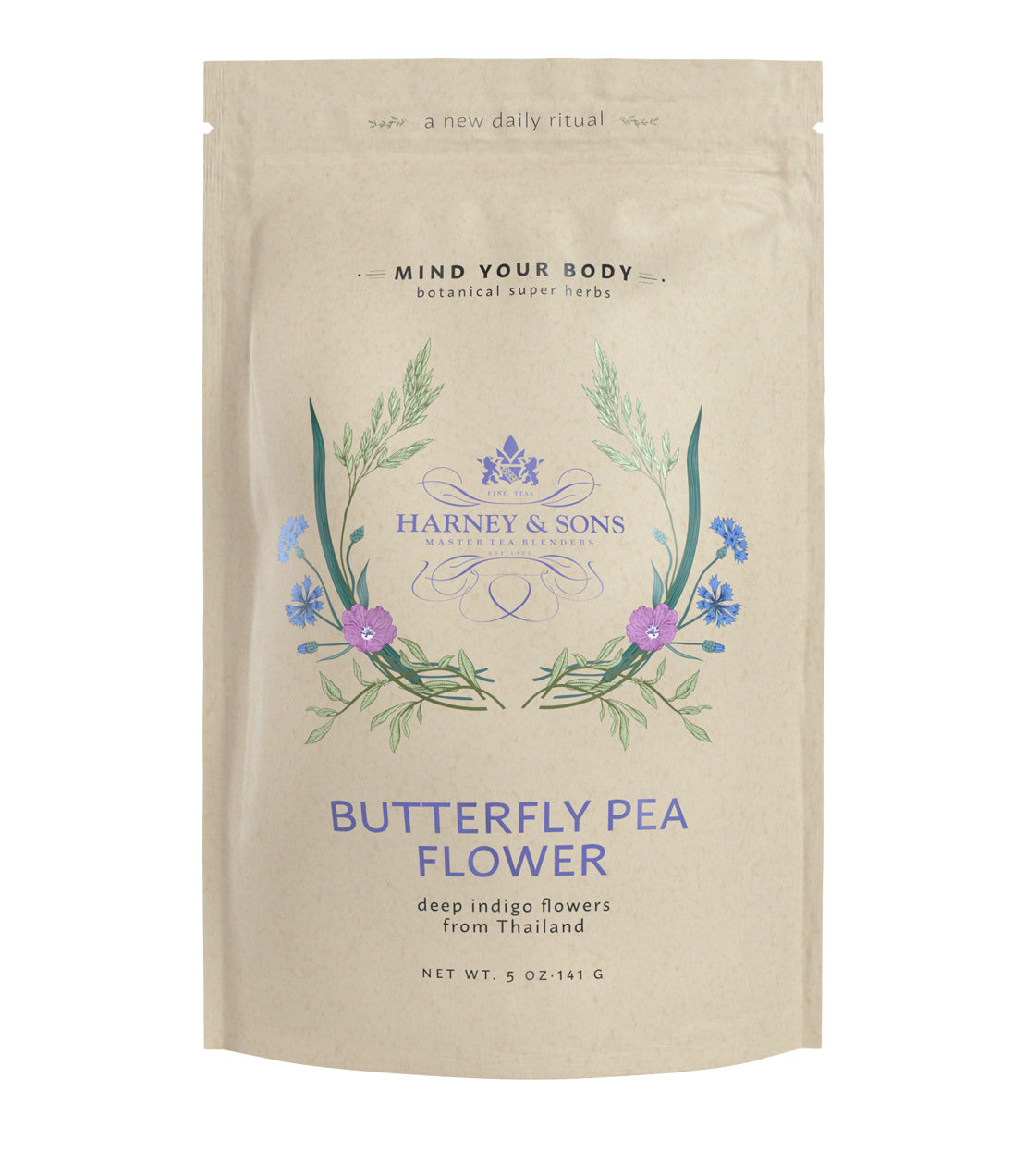 Butterfly Pea Flower packaging by Harney & Sons, featuring deep indigo flowers and botanical illustrations.