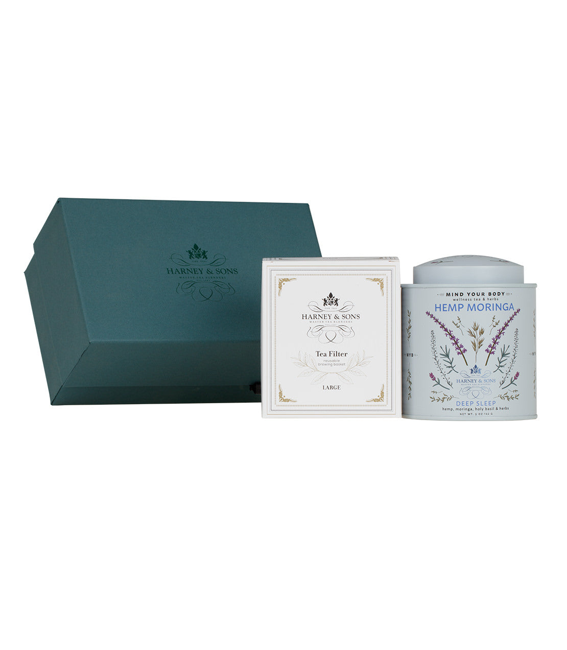 Harney & Sons Deep Sleep Ritual Gift Set featuring a tea filter, hemp moringa tea, and a decorative box.