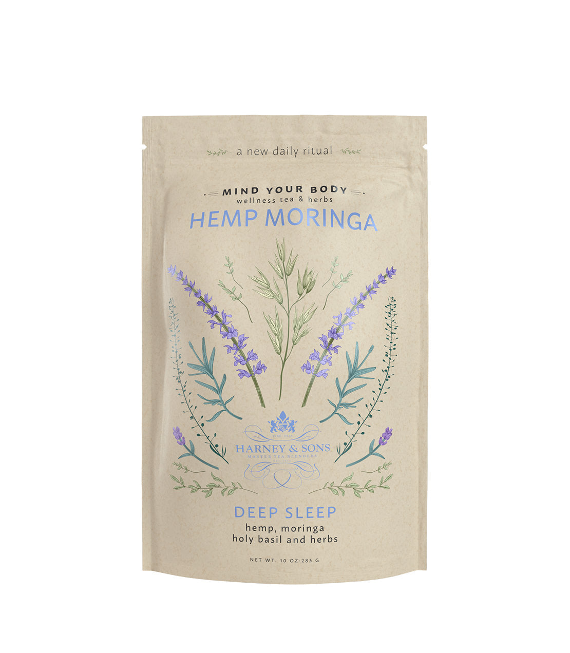 Hemp Moringa Deep Sleep Wellness Blend package featuring botanical illustrations and calming colors.