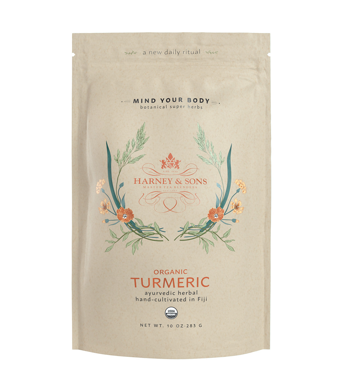 Organic turmeric packaging by Harney & Sons, featuring floral design and Ayurvedic herbal information.