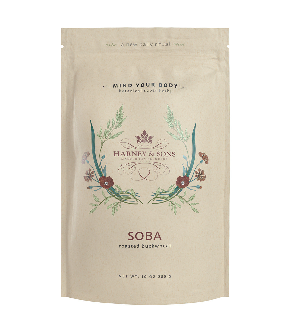 Harney & Sons Soba Roasted Buckwheat package, featuring floral design and 10 oz weight.