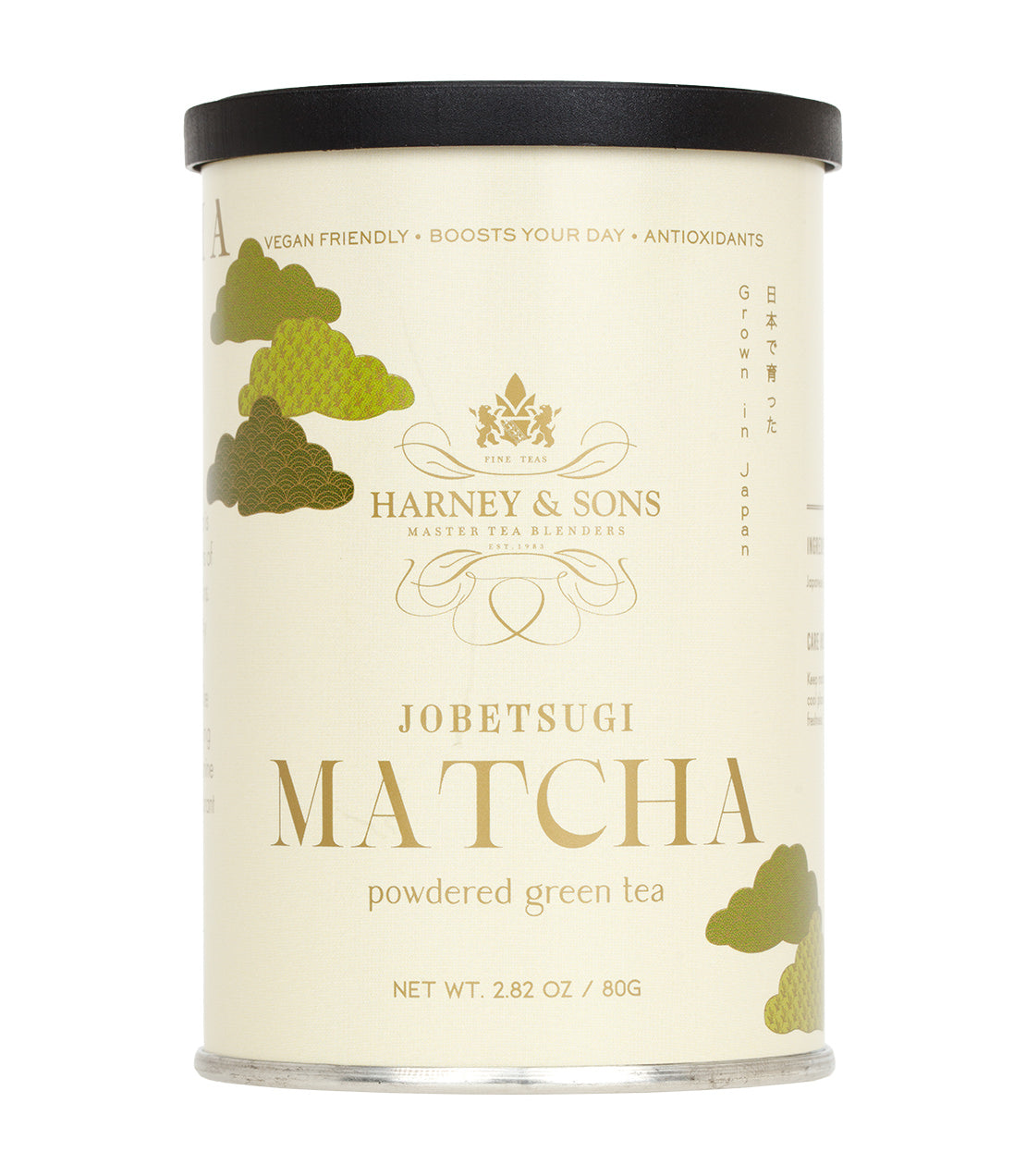 Harney & Sons Jobetsugi Matcha powder canister, 80g, featuring a minimalist design and green tea graphics.