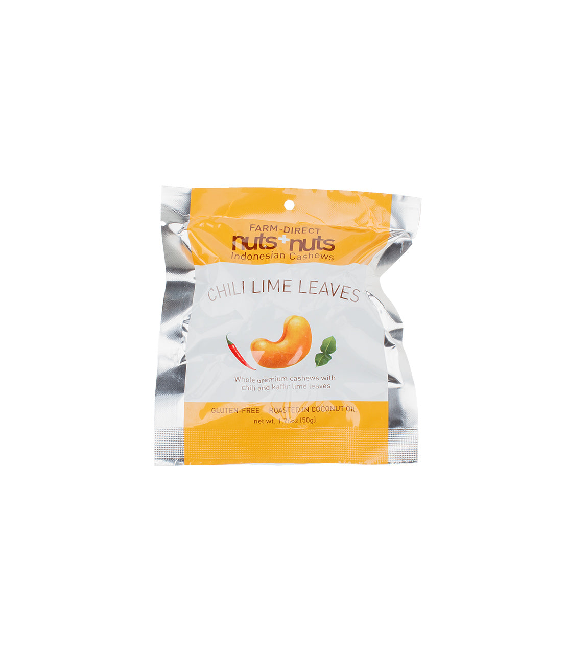 Pack of Nuts + Nuts assorted flavors, featuring chili lime leaves cashews in a silver and orange bag.