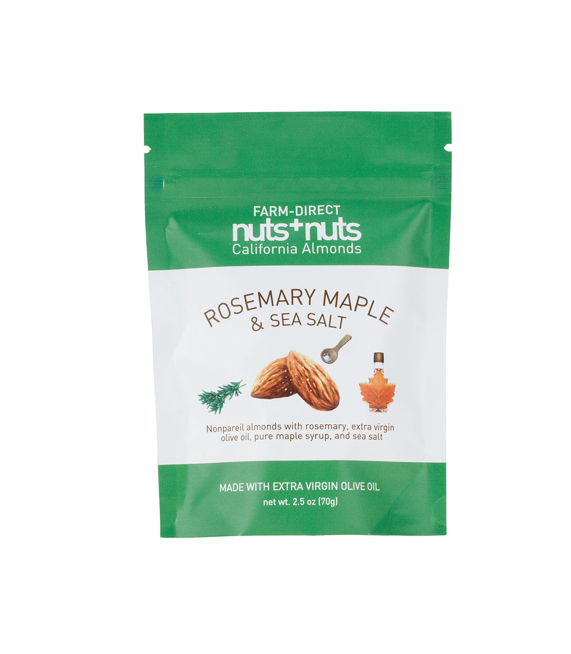 "Nuts + Nuts assorted flavors packaging featuring rosemary maple and sea salt almonds, 2.5 oz.