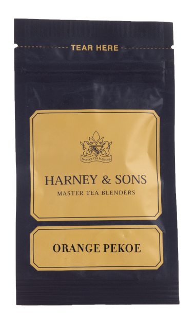 Harney & Sons Orange Pekoe tea packet, featuring a gold and black design with "Master Tea Blenders" label.