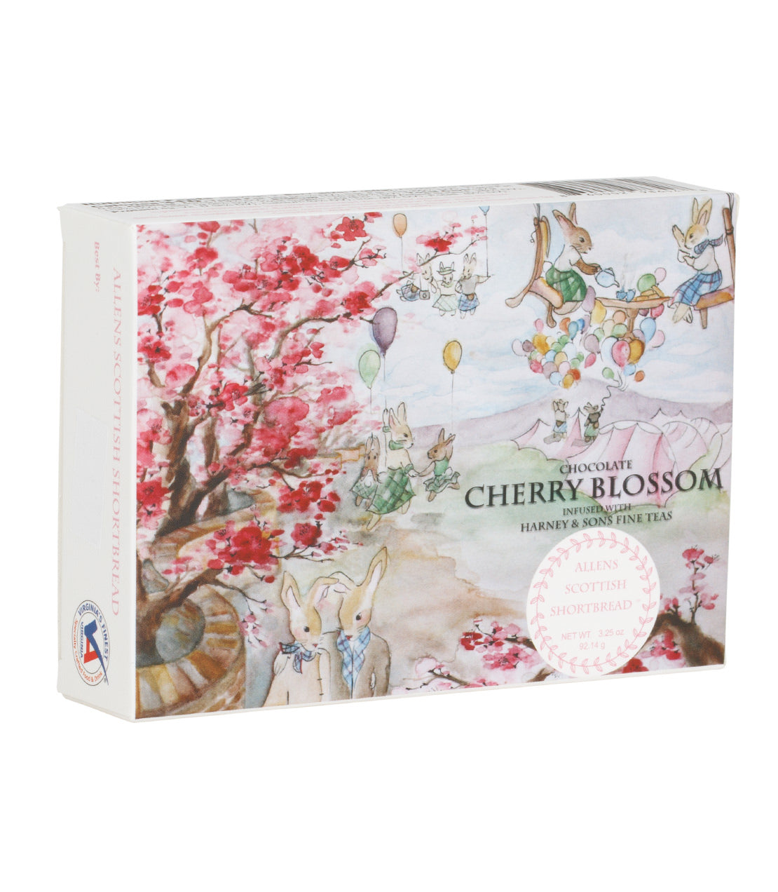 Allens Scottish Shortbread box featuring assorted flavors, illustrated with whimsical bunnies and cherry blossoms.