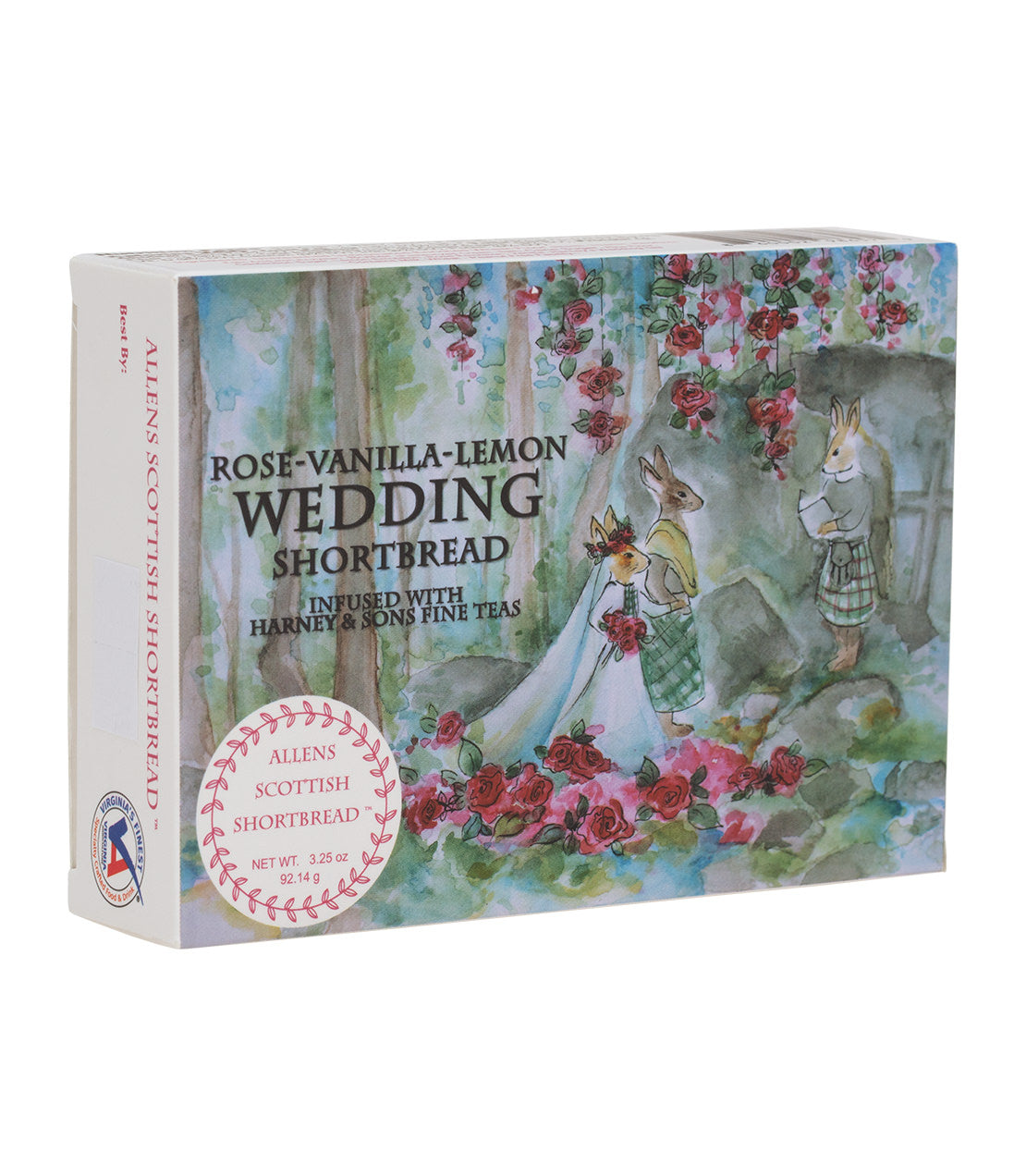 Allens Scottish Shortbread box featuring assorted flavors, illustrated with a whimsical wedding scene.