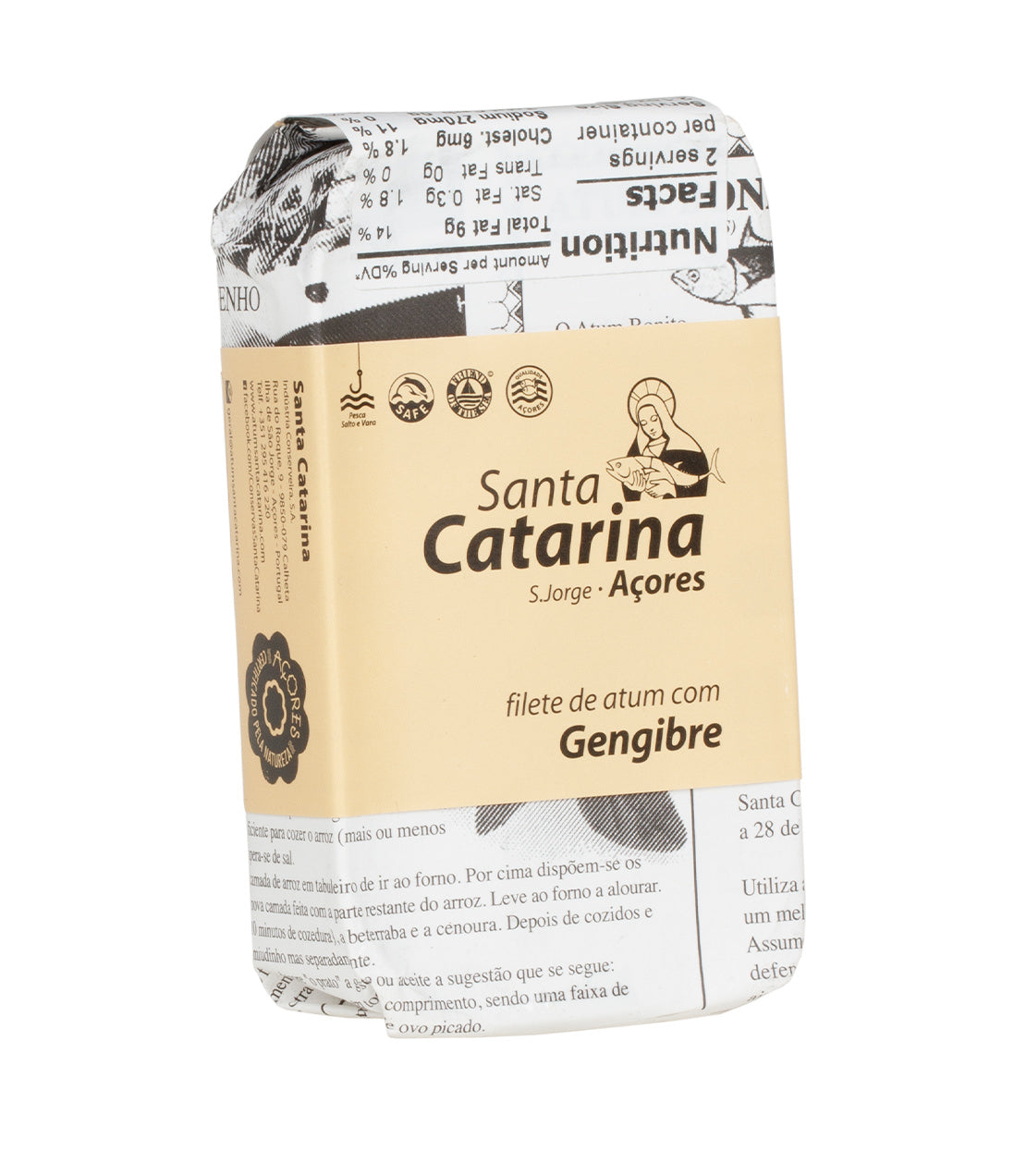 Canned fish from Portugalia Market, featuring Santa Catarina brand tuna fillet with ginger flavor packaging.