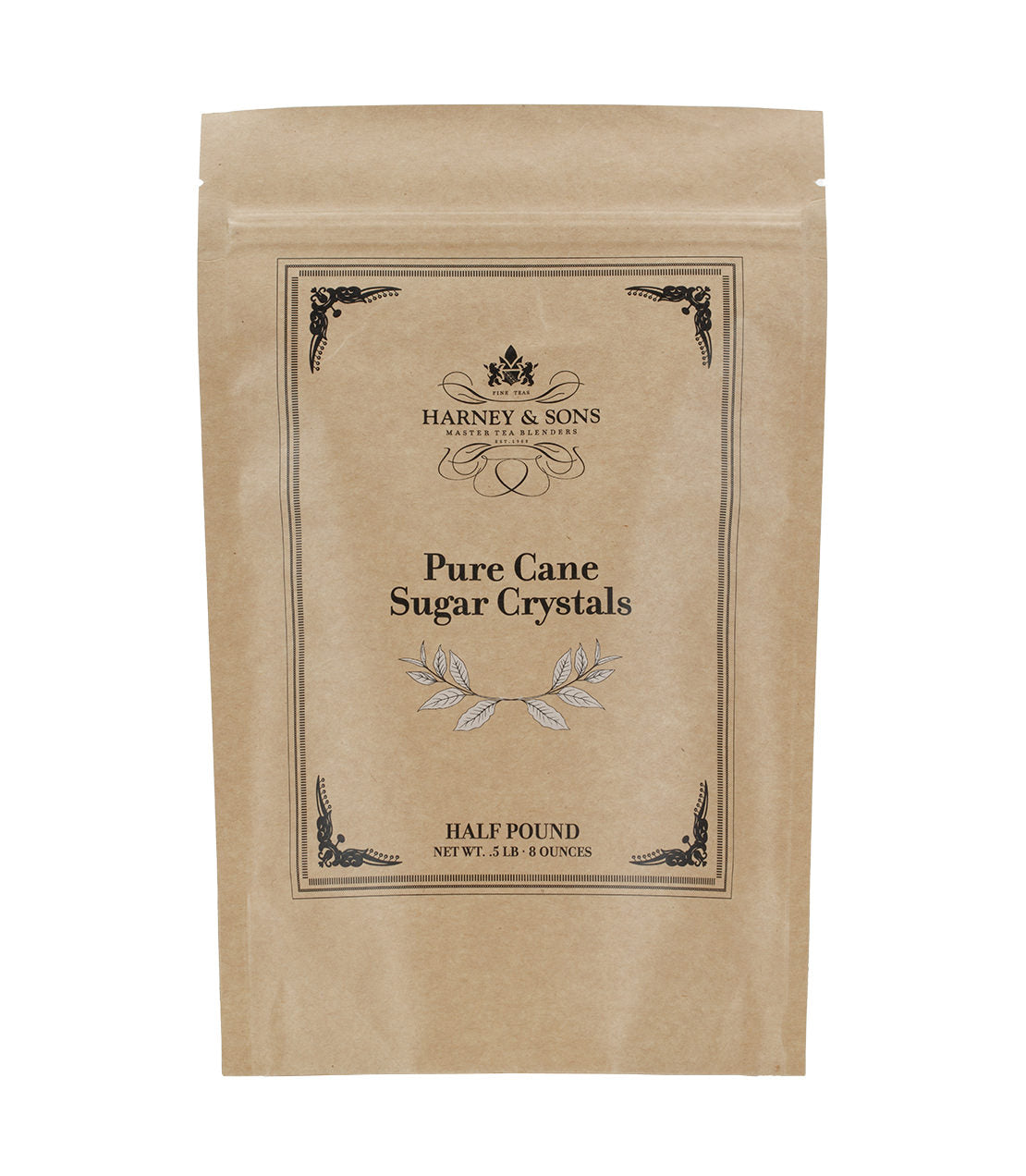 Brown paper bag of Harney & Sons Pure Cane Sugar Crystals, 8 ounces, with decorative label design.