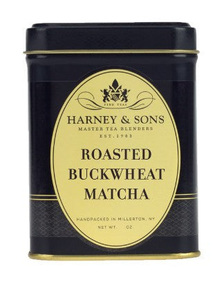 Black tin container of Harney & Sons Roasted Buckwheat Matcha, featuring a gold label and elegant design.