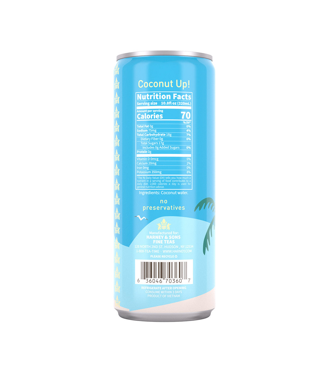 Harney & Sons Premium Coconut Water can, featuring nutrition facts and a tropical design.