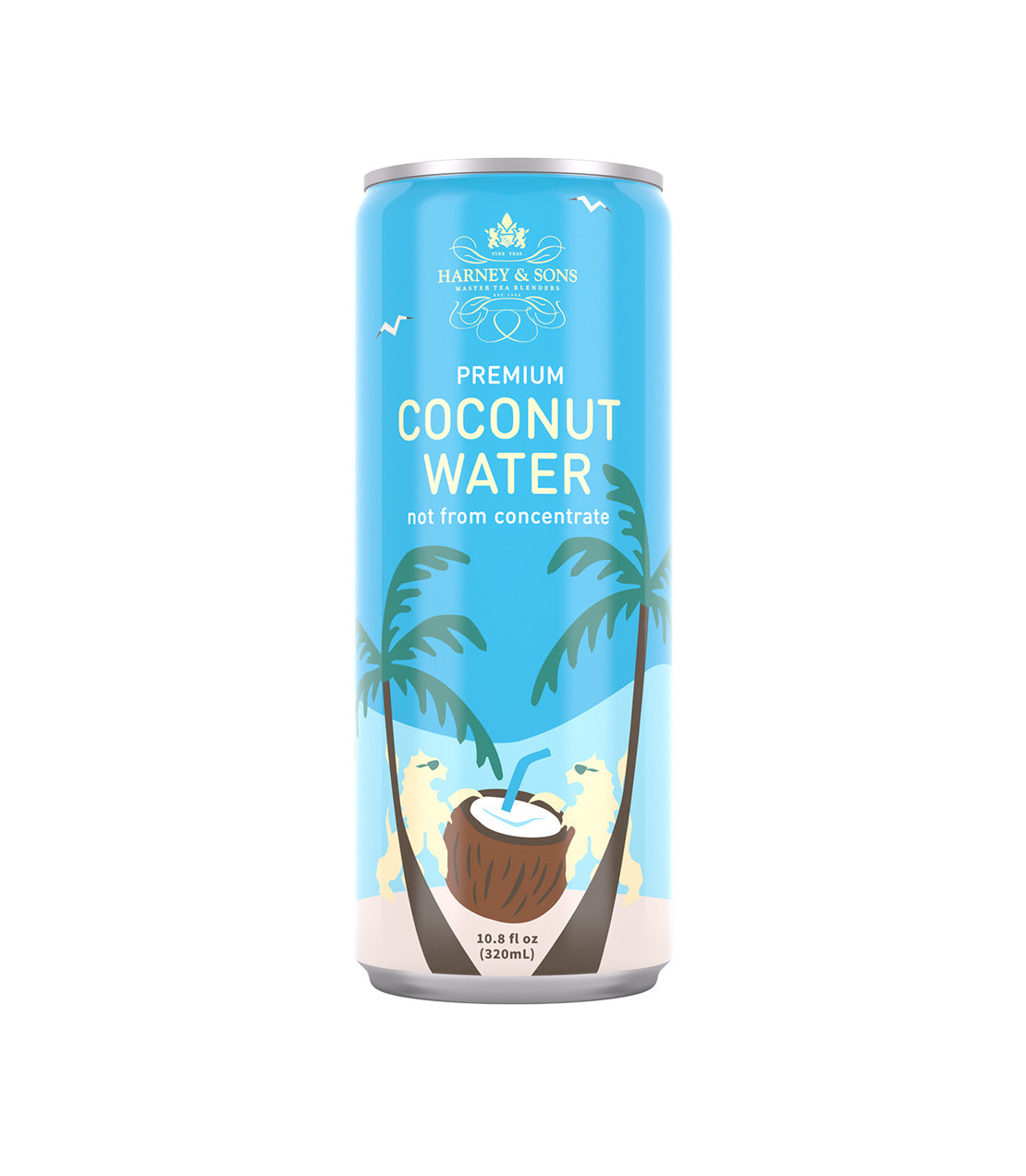 Harney & Sons Premium Coconut Water can, featuring palm trees and a coconut design, 10.8 fl oz.