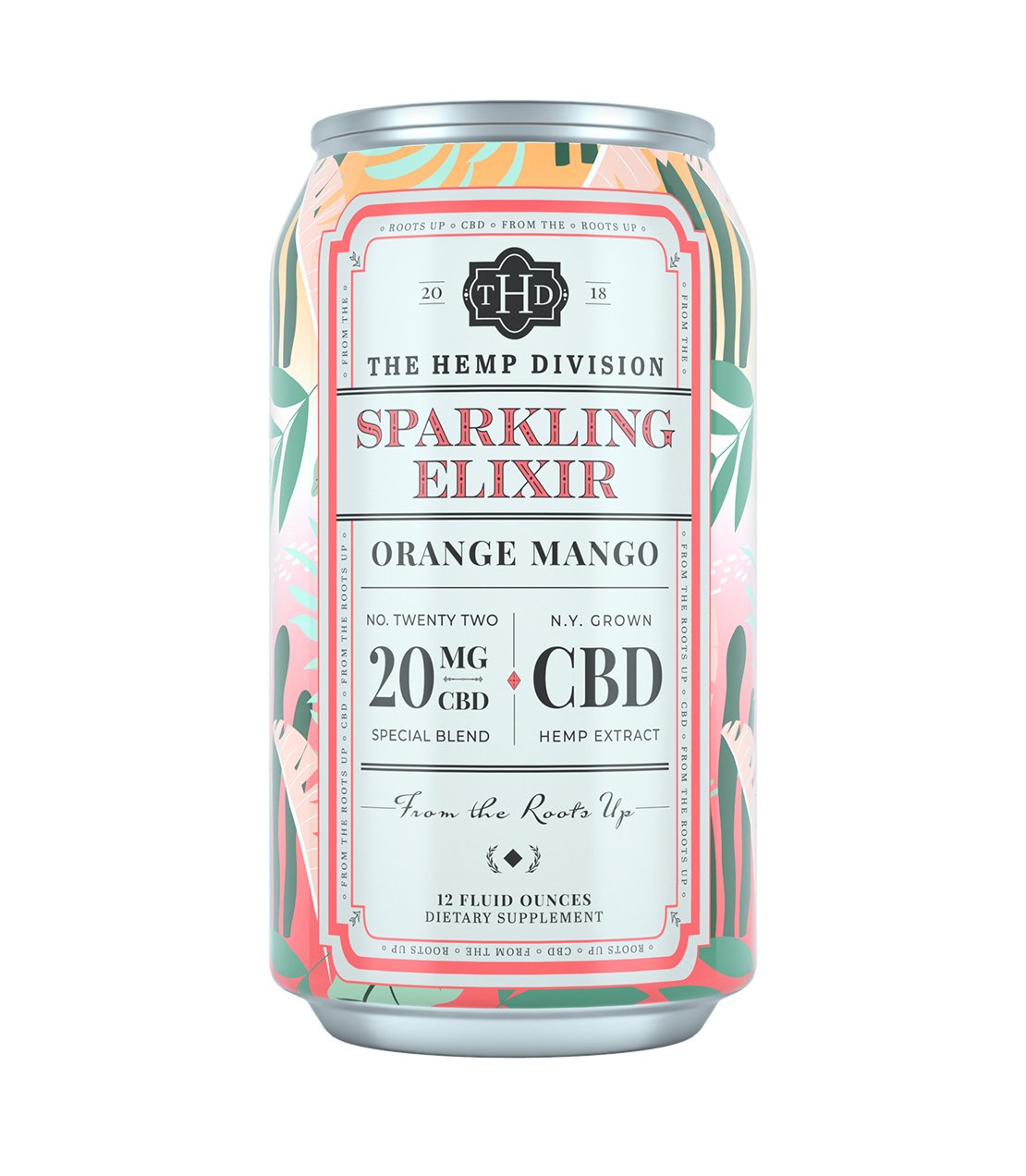 Can of Sparkling Elixir in Orange Mango flavor, featuring 20 MG CBD and vibrant tropical design.